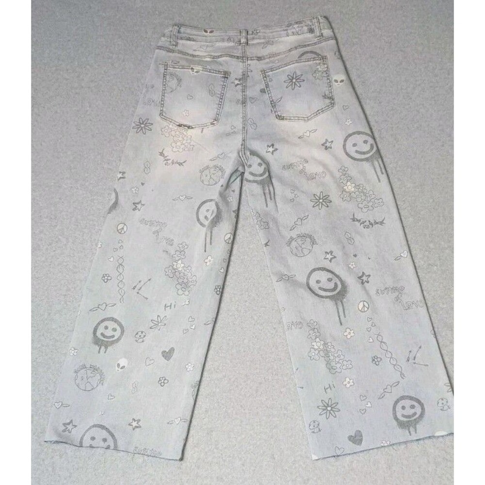 Easel Anthropologie Wide Leg Graffiti Pants Womens M Light Wash Blue Y2K Retro - Picture 13 of 13